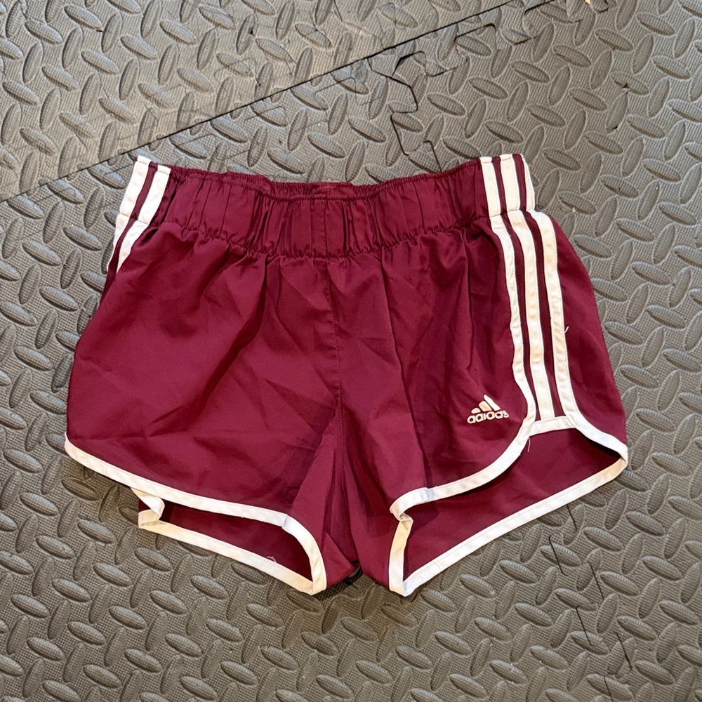 adidas Women's Maroon and White Striped Athletic Shorts with White Trim